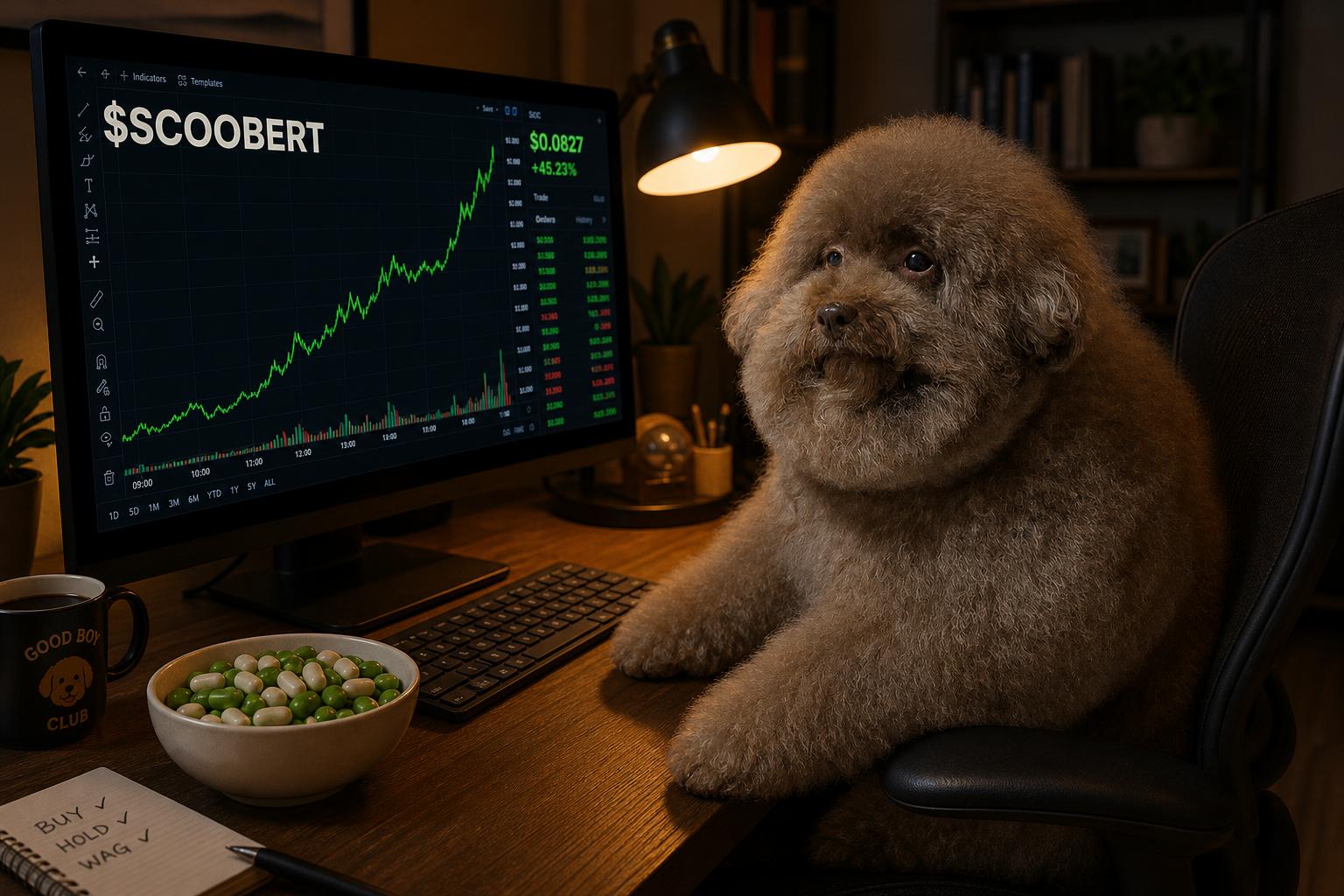 Scoobert sitting at a desk watching a $SCOOBERT chart on his computer screen